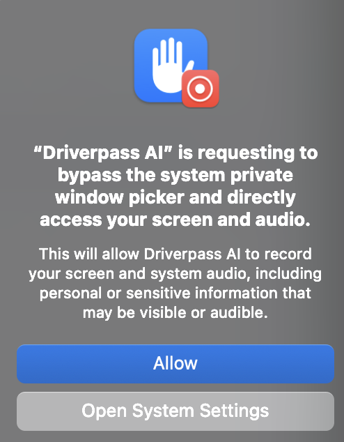 macOS permission dialog for DriverPass